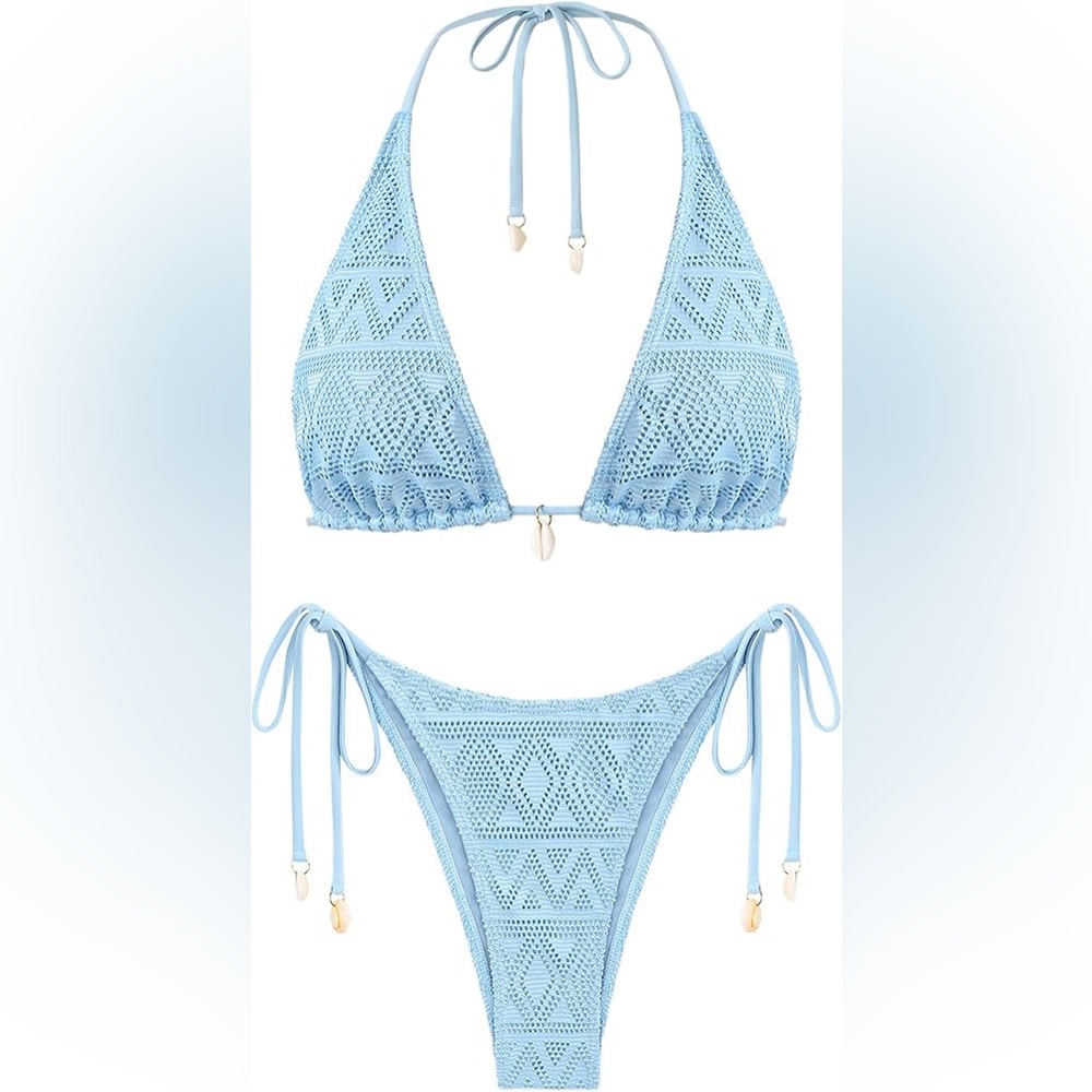Zaful Light Blue Crochet Triangle Bikini Set